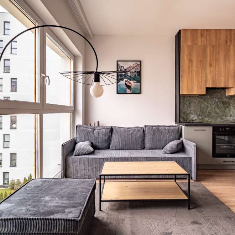 Widok na salon z szarą sofą, dużym oknem i częścią aneksu kuchennego – profesjonalna fotografia wnętrz.