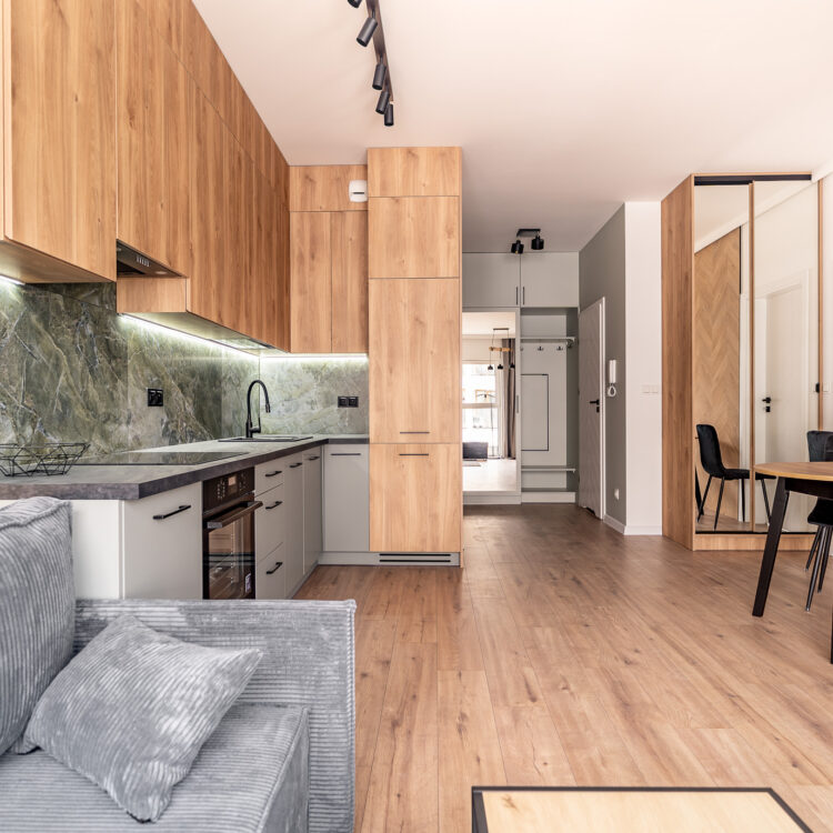 Widok z sofy na całą przestrzeń mieszkania – salon, aneks i sypialnię.