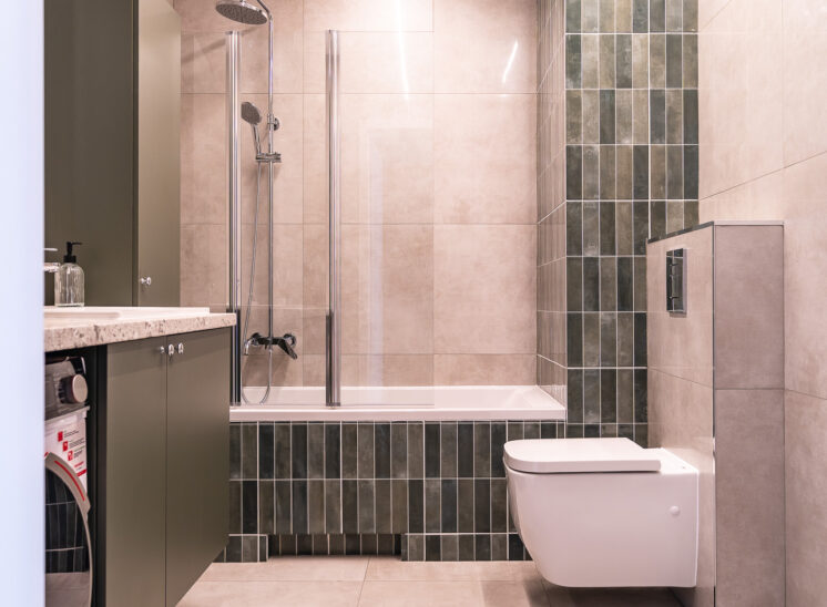 Widok wzdłuż nowoczesnej łazienki z szarymi i zielonymi akcentami.